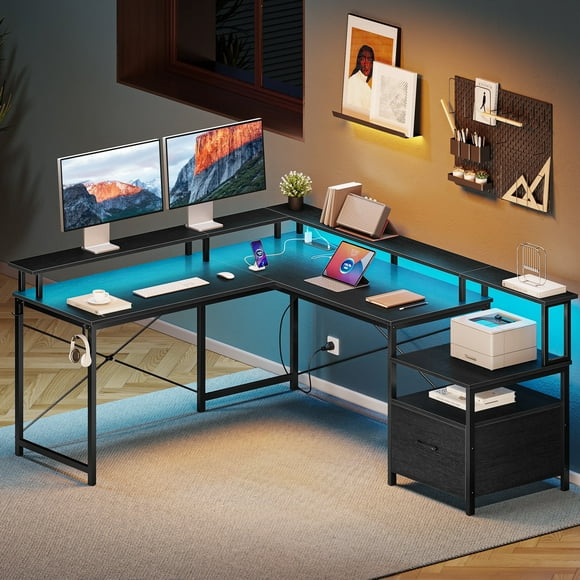 Greenstell 64" RGB L-Shaped Gaming Desk with Charging Hub & Ergonomic Stand, Black