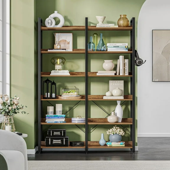 Greenstell 67" Industrial 6-Tier Bookshelf, Storage Rack with Open Shelves, Metal Frame, Rustic Brown