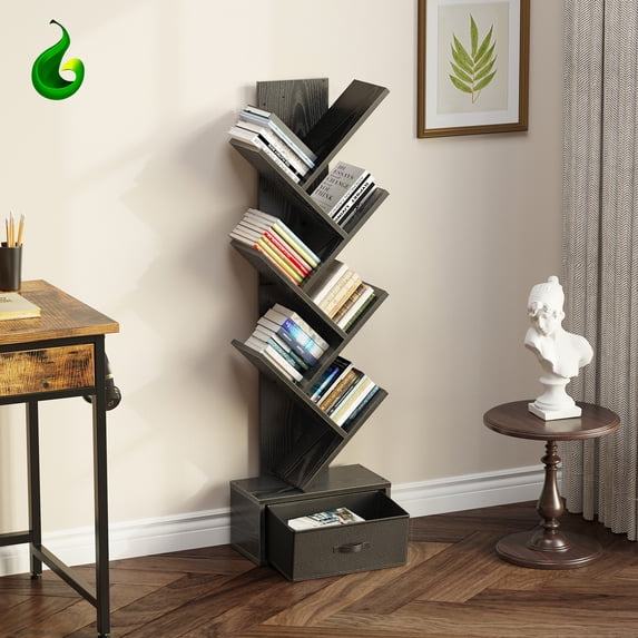 Greenstell 7-Tier Wooden Bookcase with Drawer, Free Standing Tree Bookshelf, Black