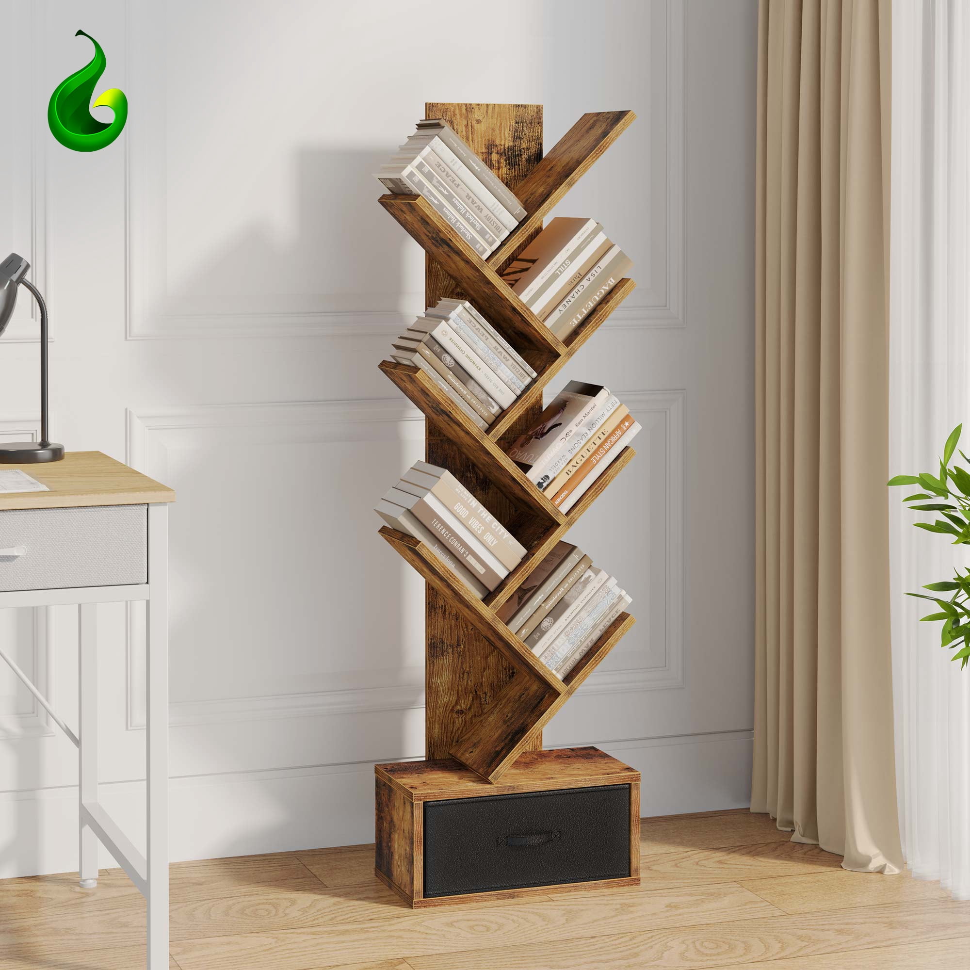 Greenstell 7-Tier Wooden Bookcase with Drawer, Free Standing Tree Bookshelf, Rustic Brown