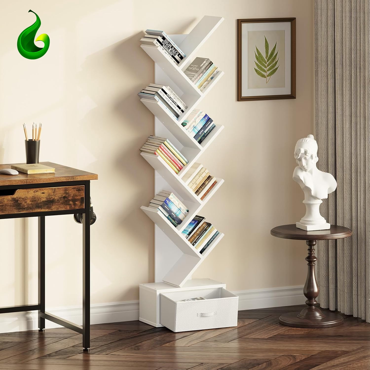 Greenstell 9-Tier Wooden Bookcase with Drawer, Free Standing Tree Bookshelf, White