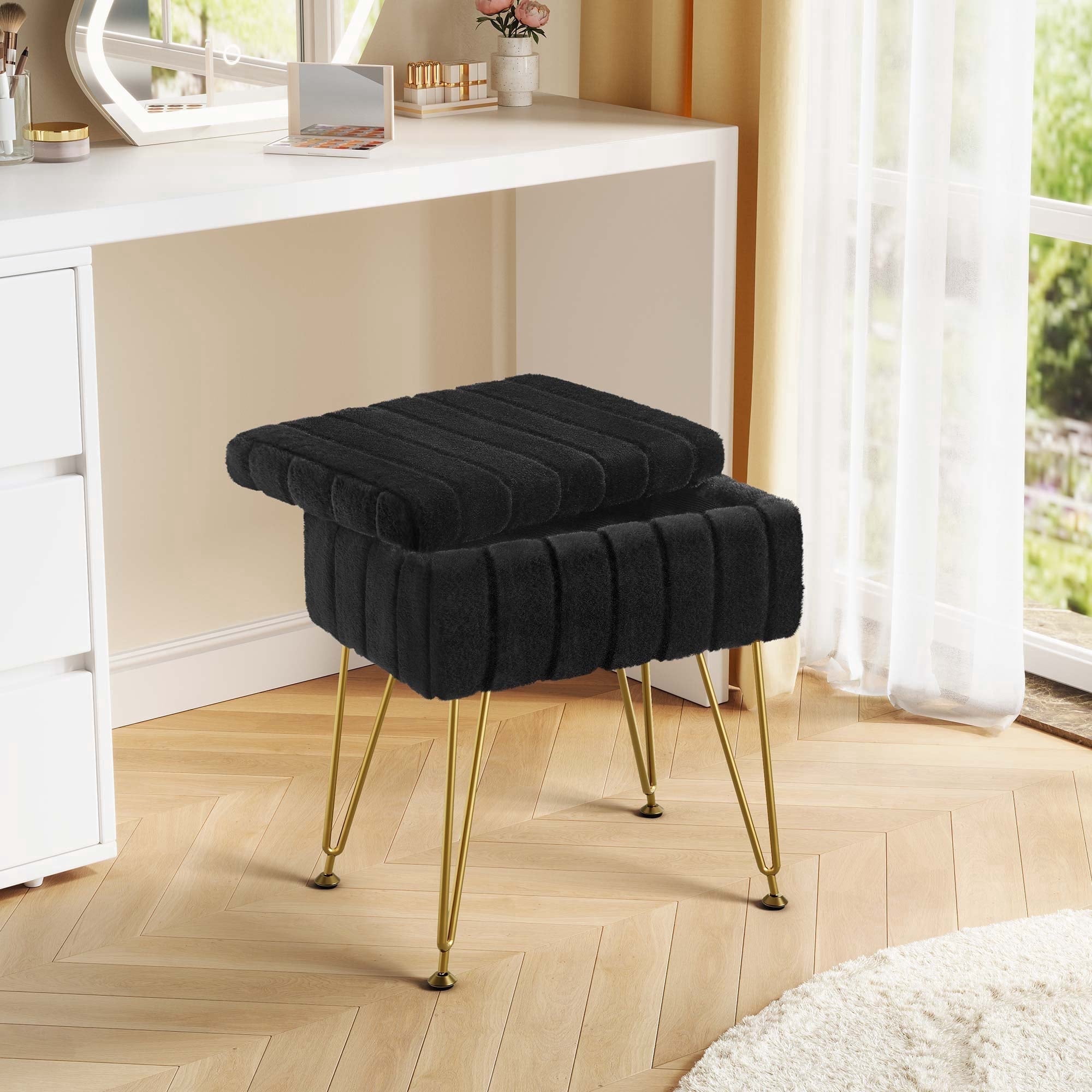 Greenstell Footstools Ottoman Bench with Storage, 15.5”L x 11.6”W x 19.2”H Vanity Faux Fur Padded Stool with Coffee Table Padded Seat and Adjustable Feet for Makeup Bedroom Entryway, Black
