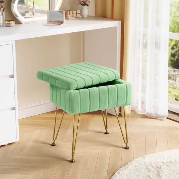 Greenstell Footstools Ottoman Bench with Storage, 15.5”L x 11.6”W x 19.2”H Vanity Faux Fur Padded Stool with Coffee Table Padded Seat and Adjustable Feet for Makeup Bedroom Entryway, Green