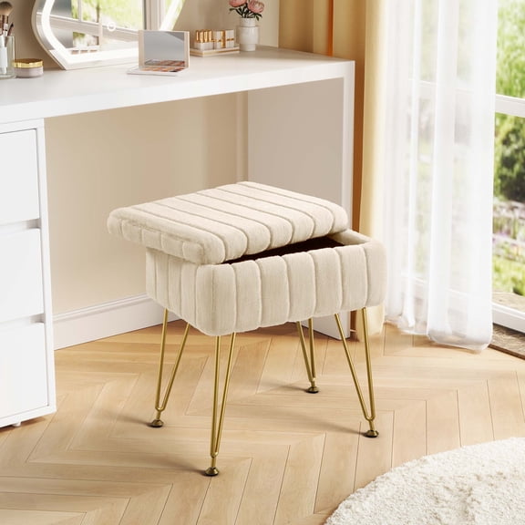 Greenstell Footstools Ottoman Bench with Storage, 15.5”L x 11.6”W x 19.2”H Vanity Faux Fur Padded Stool with Coffee Table Padded Seat and Adjustable Feet for Makeup Bedroom Entryway, Camel