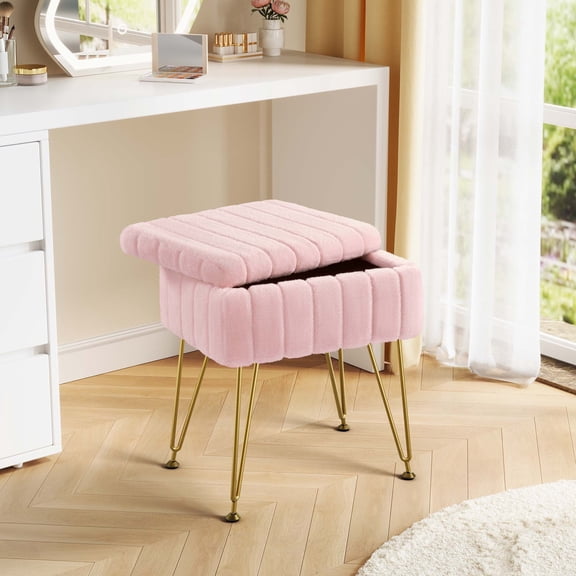Rolanstar Footstools Ottoman Bench with Storage, 15.5”L x 11.6”W x 19.2”H Vanity Faux Fur Padded Stool with Coffee Table Padded Seat and Adjustable Feet for Makeup Bedroom Entryway, Pink