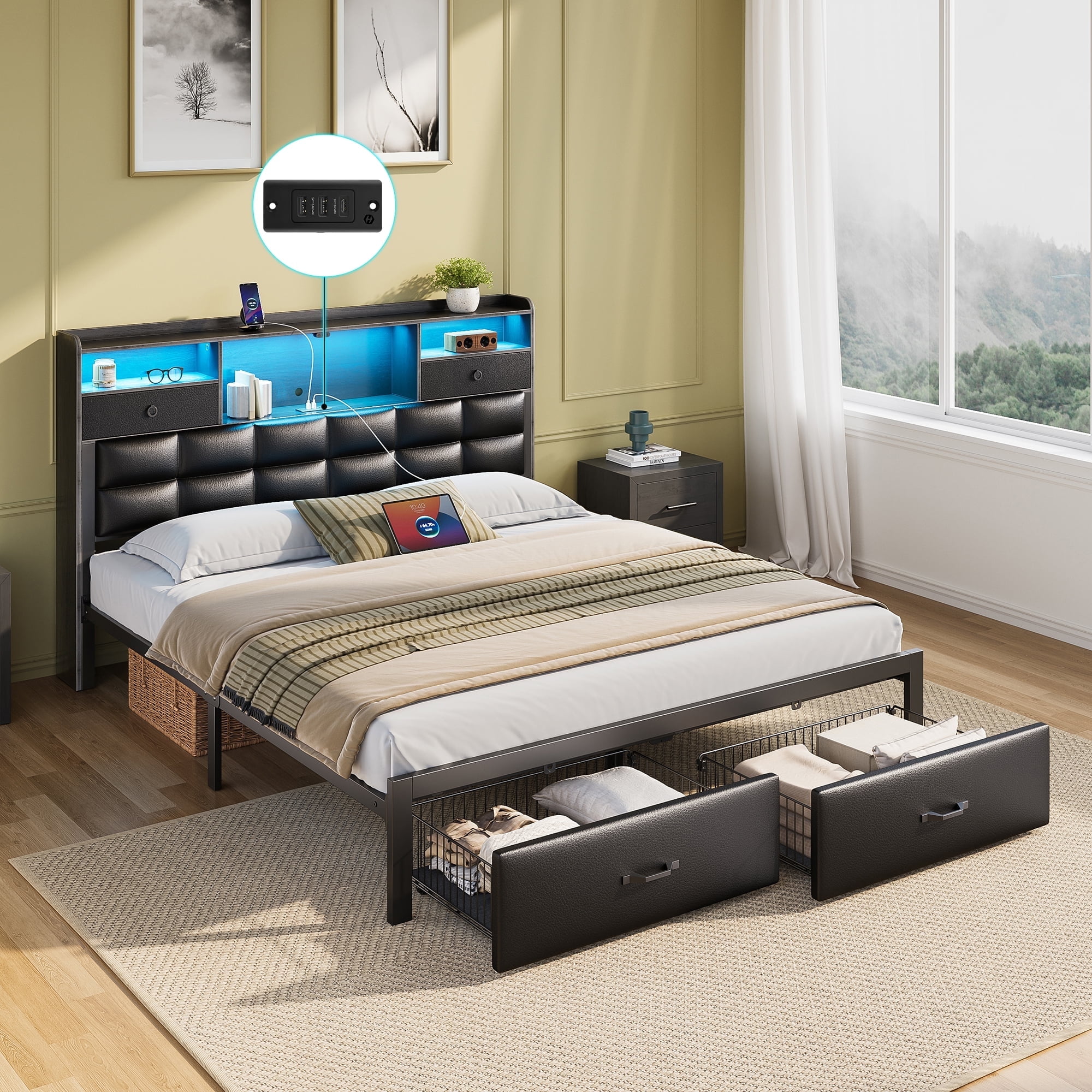 Greenstell Full Bed Frame with Drawers and Headboard, Upholstered Storage Bed with Charging Station and LED Lights,Black