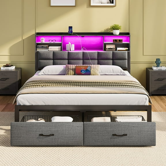 Greenstell Full Bed Frame with Drawers and Headboard, Upholstered Storage Bed with Charging Station and LED Lights,Dark Gray