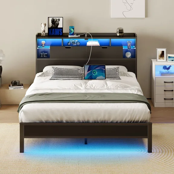 Greenstell Full Size Bed Frame with Storage Headboard Metal Platform Bed with LED Lights and Charging Station Black