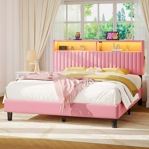 Greenstell Full Bed Frame with LED Light & Platform Bed with Upholstered Storage Headboard USB Ports & Charging Station, Pink