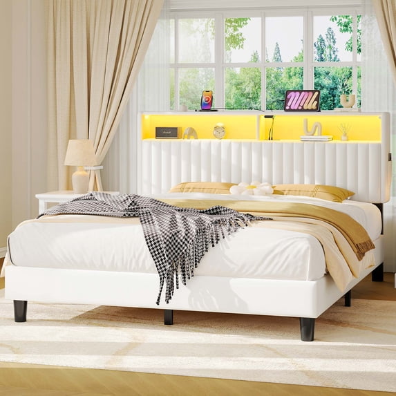 Greenstell Full Size Bed Frame with Upholstered Storage Headboard and LED Light, Bed Platform with Charging Station, USB Ports, Under-bed Storage, White