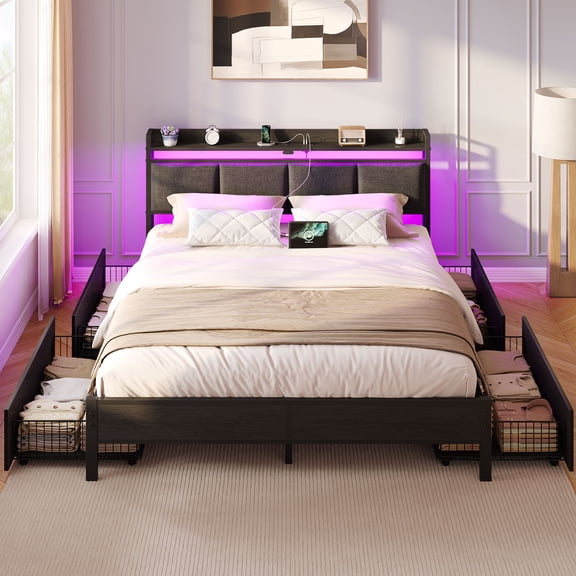 Greenstell Full Size Bed Frame with Storage Headboard, LED Lights, Charging Station, 4 Drawers, Heavy-Duty Metal Platform Bed with USB & Type-C Ports,Dark Gray