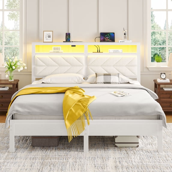 Greenstell Full LED Bed Frame with Headboard Storage - Charging Station,Off White