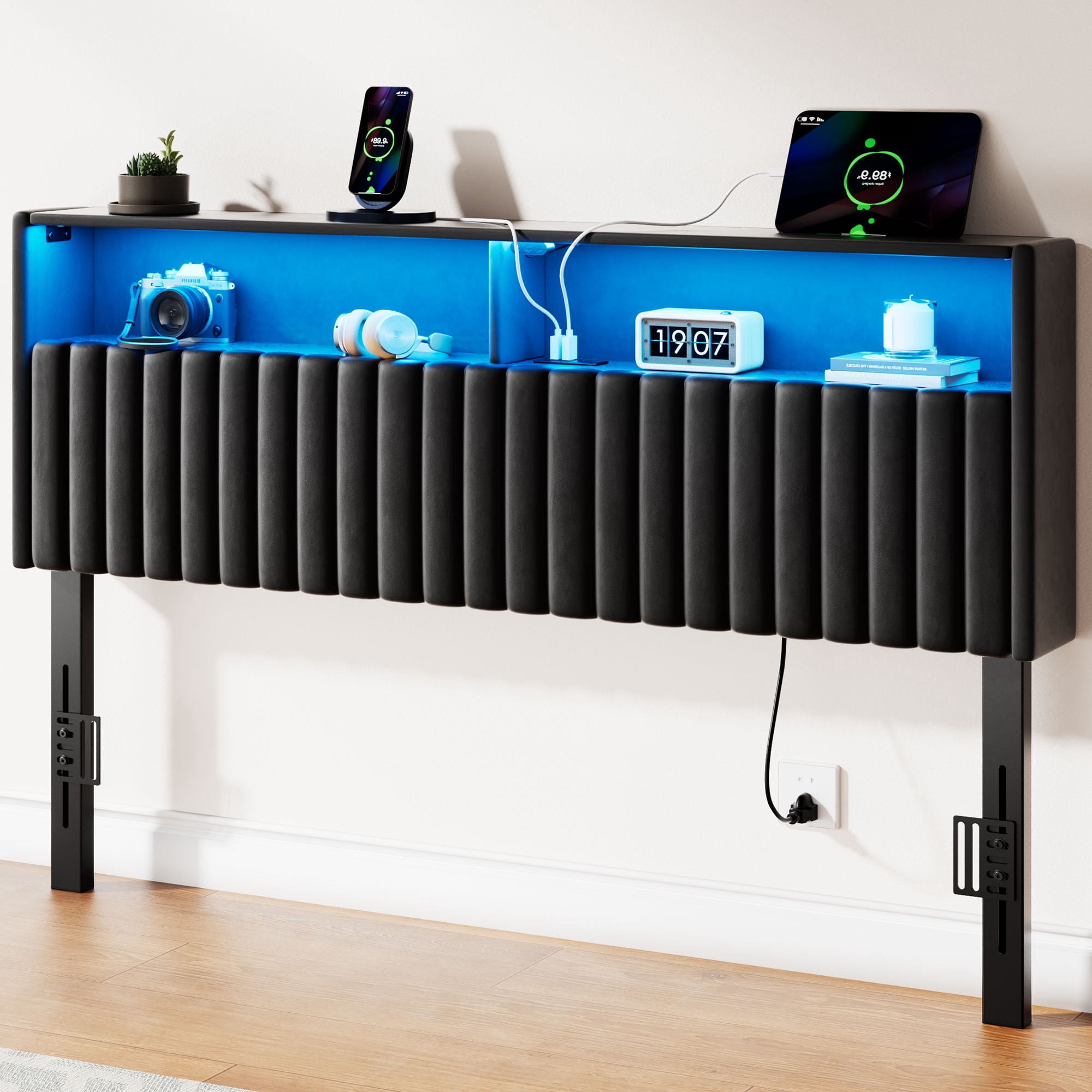 Greenstell Full Size Adjustable Storage Headboard Only - Modern Upholstered Head Board with LED Lights, Charging Station & Soft Padding, Black