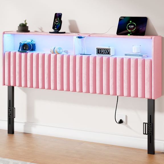 Greenstell Full Size Adjustable Storage Headboard Only - Modern Upholstered Head Board with LED Lights, Charging Station & Soft Padding, Pink