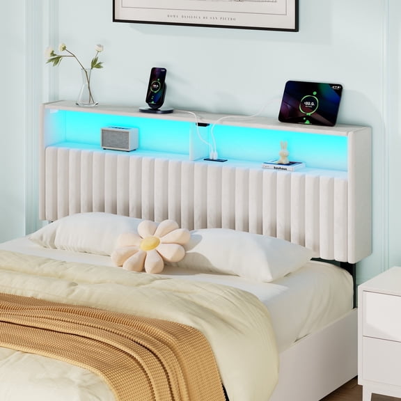 Greenstell Full Size Adjustable Storage Headboard Only - Modern Upholstered Head Board with LED Lights, Charging Station & Soft Padding, White