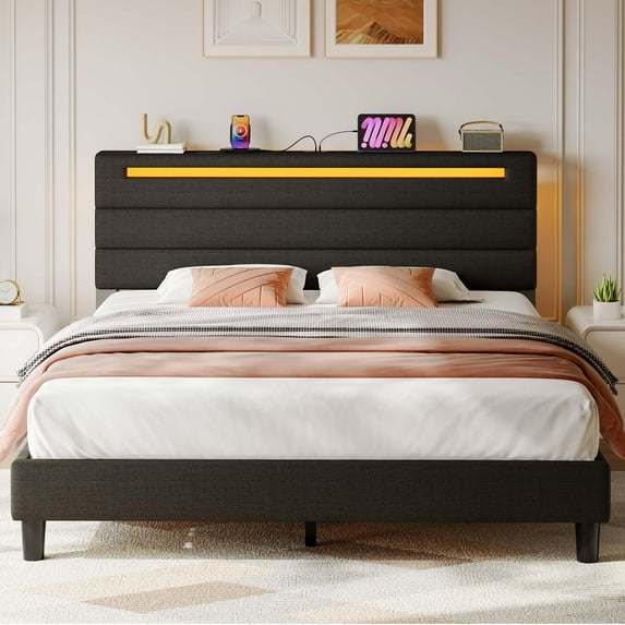 Greenstell Full Size Bed Frame with Upholstered Storage Headboard and LED Light, Bed Platform with Charging Station, USB Ports, Under-bed Storage, Black