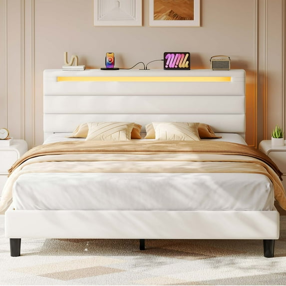 Greenstell Full Size Bed Frame with Upholstered Storage Headboard and LED Light, Bed Platform with Charging Station, USB Ports, Under-bed Storage, White