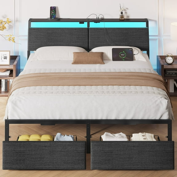 Greenstell Full Size Bed Frame with Headboard Storage & Charging Station, Upholstered Platform Bed with LED Light & Drawer