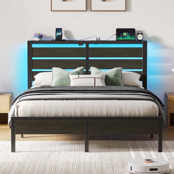 Greenstell Full Size Bed Frame with Storage Headboard,Wood Platform Bed with LED Lights & USB Charging Station, Metal Bed Frame, Black