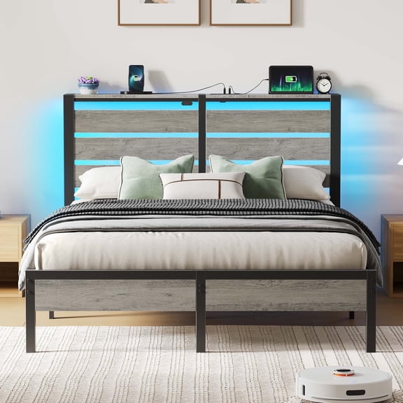 Greenstell Full Size Bed Frame with Storage Headboard,Wood Platform Bed with LED Lights & USB Charging Station,Double Bed Frame with Metal Slats,Light Gray