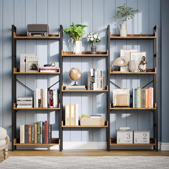 Greenstell Industrial Wide Bookcase,4-Tier Triple Storage System with 4 Hooks,Rustic Brown