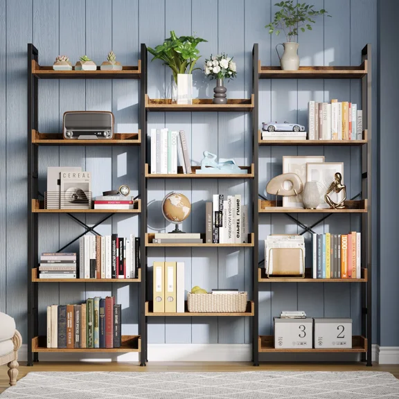 Greenstell Industrial Wide Bookcase,5-Tier Triple Storage System with 4 Hooks,Rustic Brown