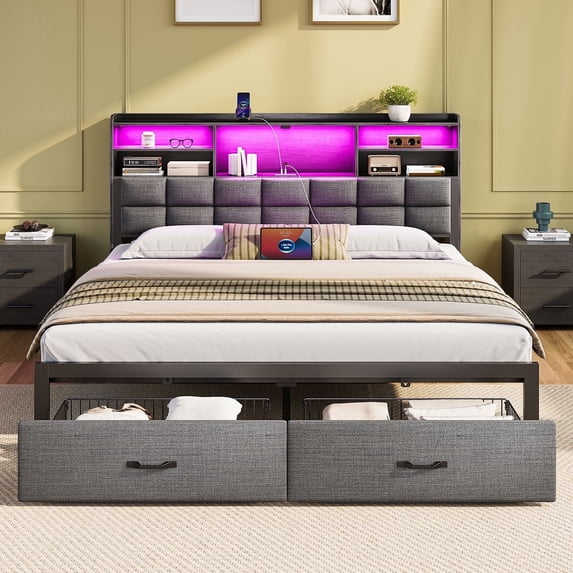 Greenstell King Bed Frame with Drawers and Headboard, Upholstered Storage Bed with Charging Station and LED Lights,Dark Gray