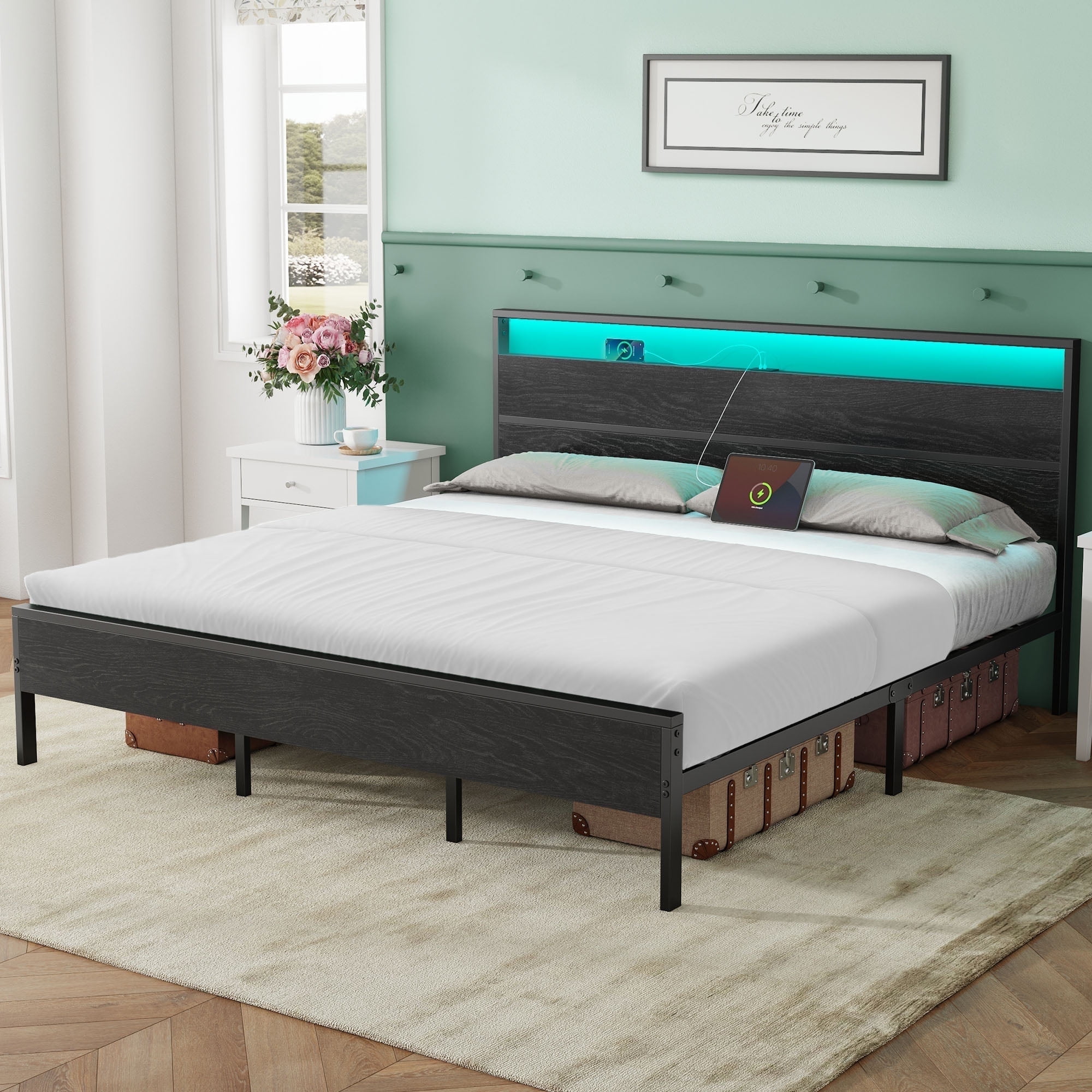 Greenstell King Size LED Light Bed Frame with Storage Wooden Headboard ...