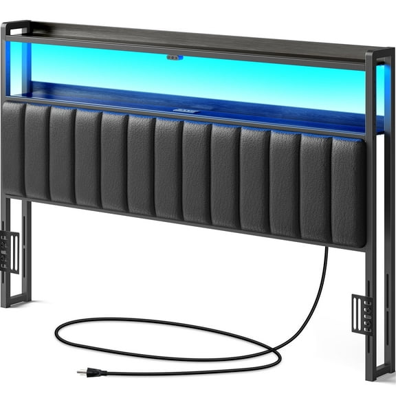 Greenstell King Size Adjustable Storage Headboard - Modern Black Upholstered Bed Frame with LED Lights, Charging Station & Soft Padding, Linen