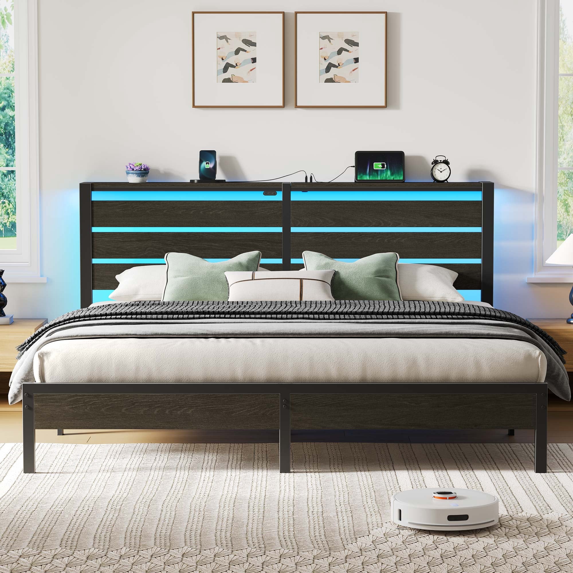 Greenstell King Size Bed Frame with Storage Headboard,Wood Platform Bed with LED Lights & USB Charging Station,Double Bed Frame with Metal Slats, No Box Spring Needed, Black
