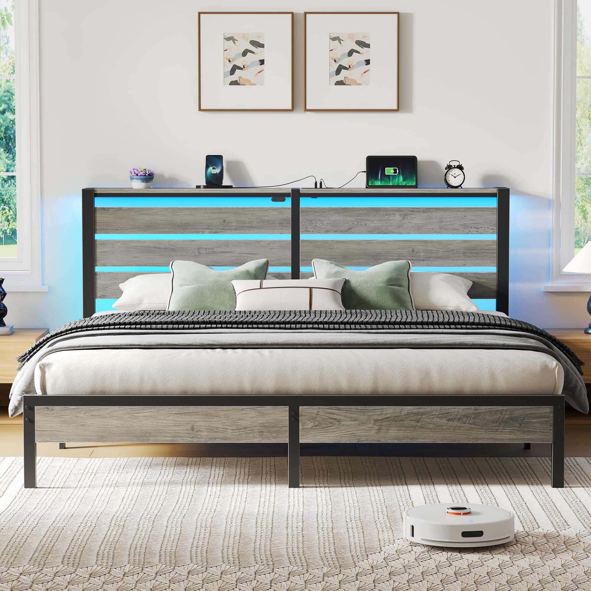 Greenstell King Size Bed Frame with Storage Headboard,Wood Platform Bed with LED Lights & USB Charging Station,Double Bed Frame with Metal Slats,Light Gray