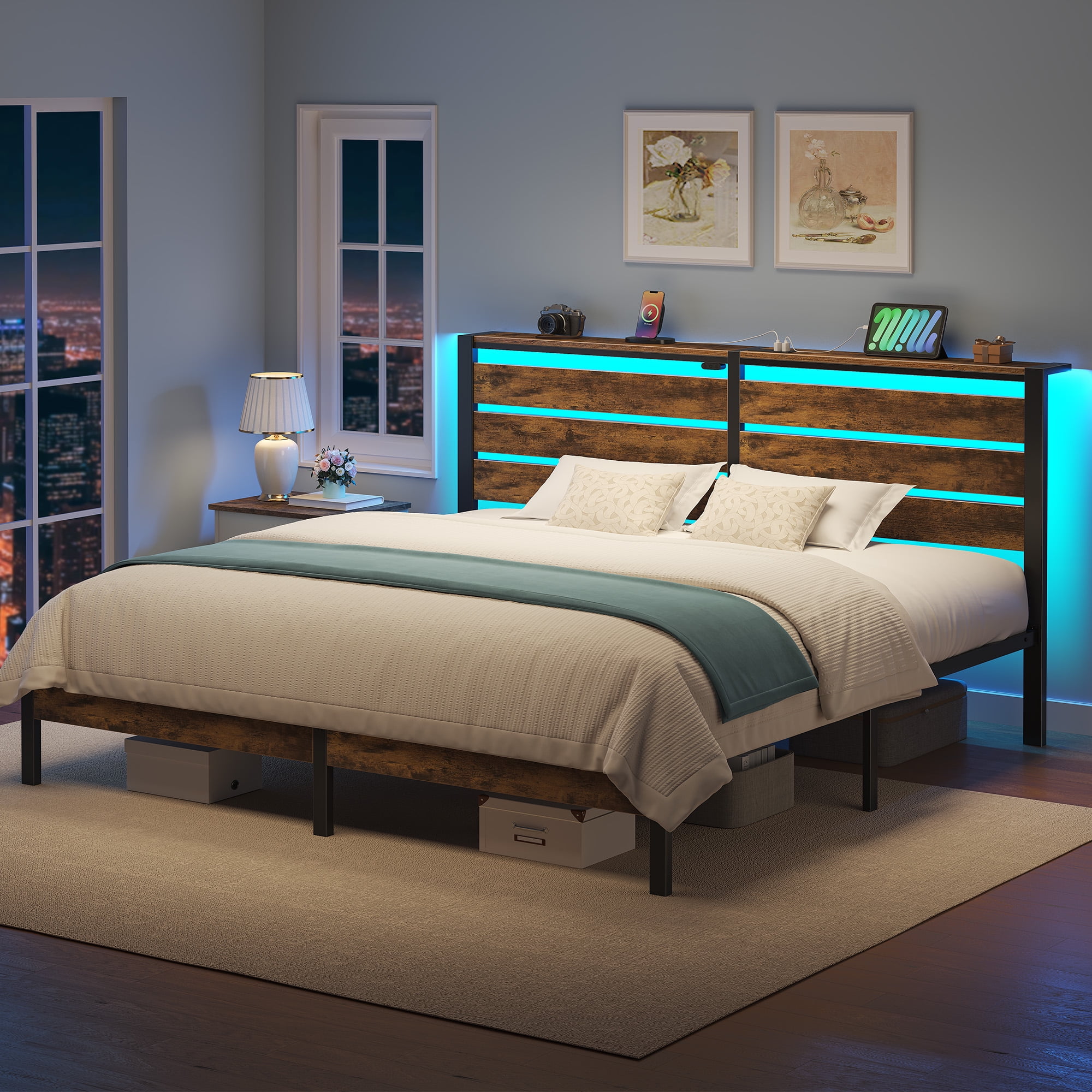 Greenstell King Size Bed Frame with Storage Headboard,Wood