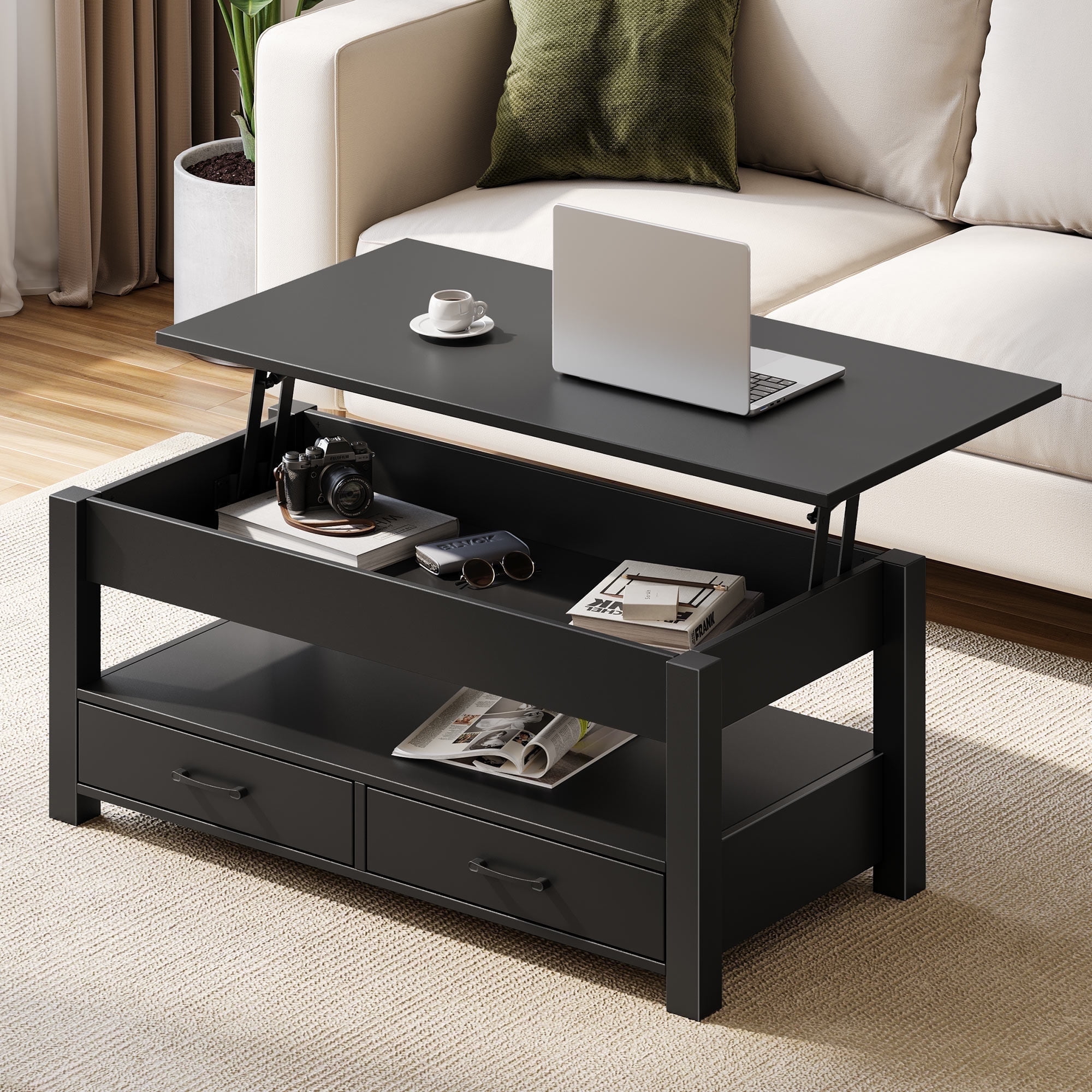 Greenstell Lift Top Coffee Table with 2 Drawers,39"Wide, Black