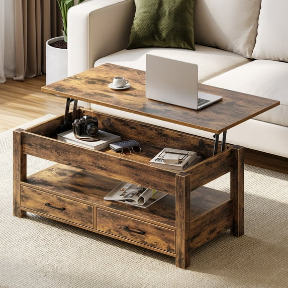 Greenstell Lift Top Coffee Table with 2 Drawers,47"Wide, Rustic Brown