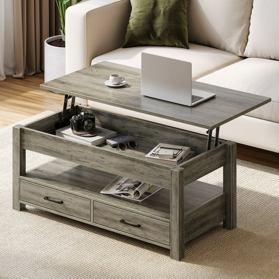 Greenstell Lift Top Coffee Table with 2 Drawers,47"Wide, Washed Oak