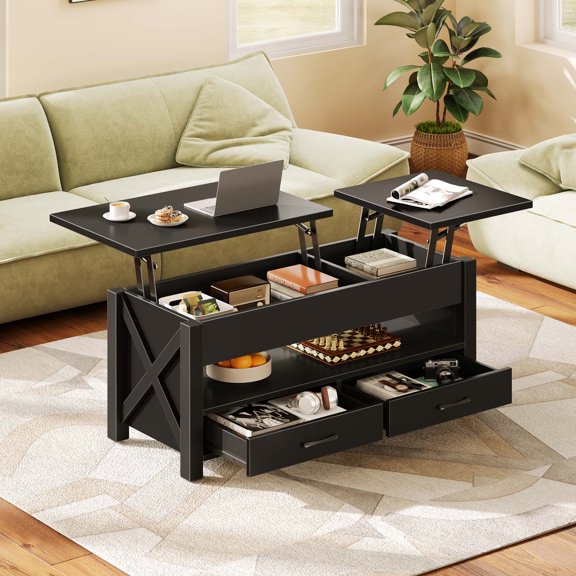 Greenstell Lift-Top Storage Coffee Table - Modern Style with 2 Drawers, Hidden Compartment & Wooden Lift Tabletop - Black - 44"