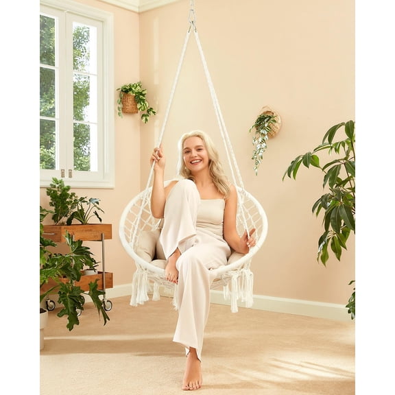 Greenstell Macrame Hammock Chair with Cushion, Boho Hanging Swing Seat for Indoor Outdoor Balcony Bedroom, White
