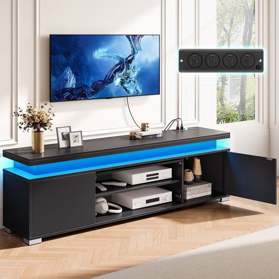 Greenstell 59" TV Stand for TVs up to 65", Gaming Entertainment Center with LED Lights & Power Outlet, Black