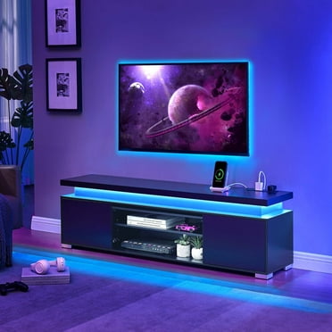 Greenstell 59" TV Stand for TVs up to 65", Gaming Entertainment Center with LED Lights & Power Outlet, Black