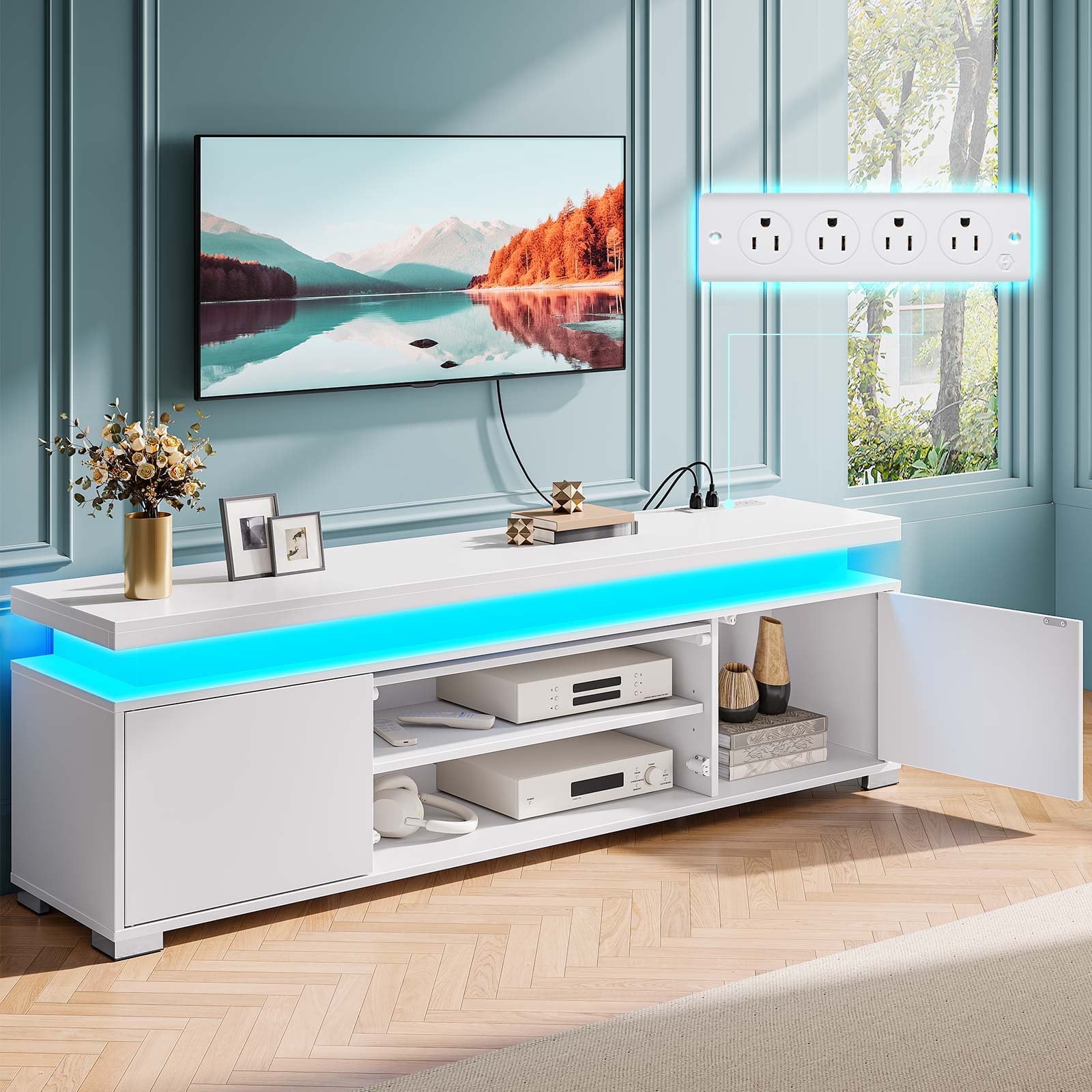 Greenstell 59" TV Stand for TVs up to 65", Gaming Entertainment Center with LED Lights & Power Outlet, White