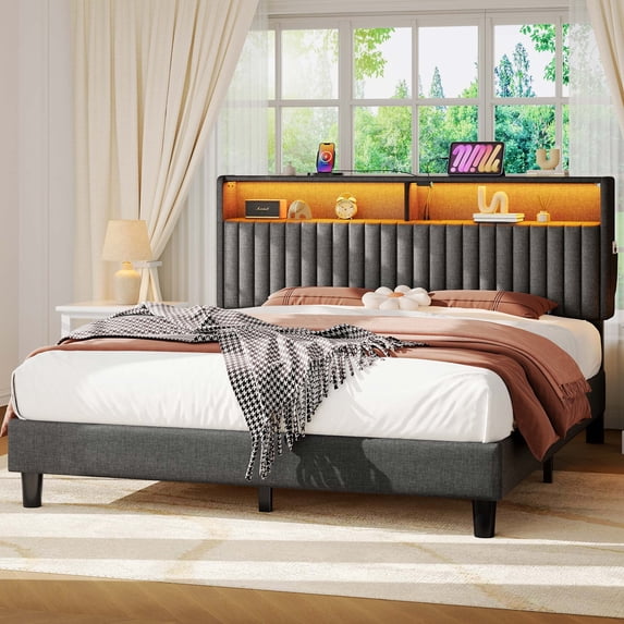 Greenstell Queen Bed Frame with LED Light & Platform Bed with Upholstered Storage Headboard USB Ports & Charging Station, Dark Gray