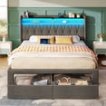 thumbnail image 1 of Greenstell Queen Bed Frame with Storage Drawers, Upholstered Bed with LED Light and Linen Fabric Storage Headboard, Dark Gray, 1 of 7