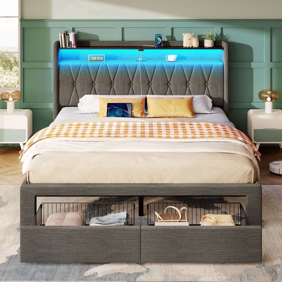 Greenstell Queen Bed Frame with Storage Drawers, Upholstered Bed with LED Light and Linen Fabric Storage Headboard, Dark Gray