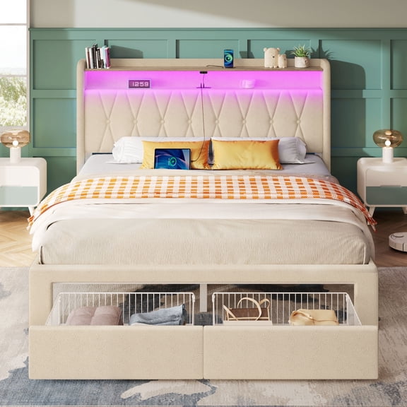Greenstell Queen Bed Frame with Storage Drawers, Upholstered Bed with LED Light and Linen Fabric Storage Headboard, Off White