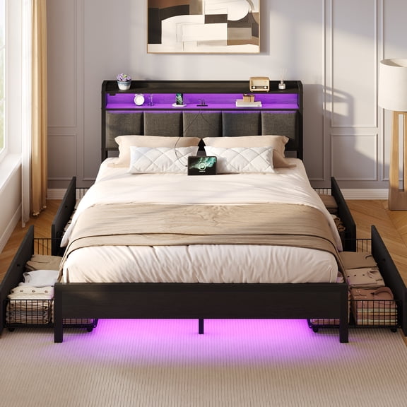 Greenstell Queen Bed with Headboard and Charging Station, Upholstered bed with 4 Drawers and RGB LED Lights,Dark Gray