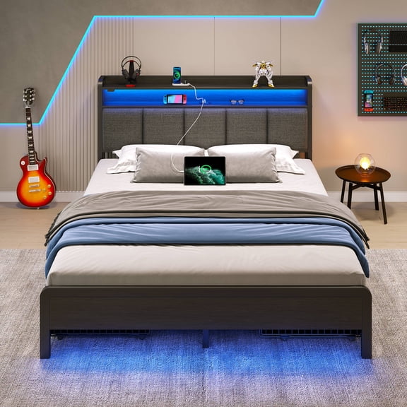 Greenstell Queen Bed with Headboard and Charging Station, Upholstered bed with 4 Drawers and RGB LED Lights,Dark Gray