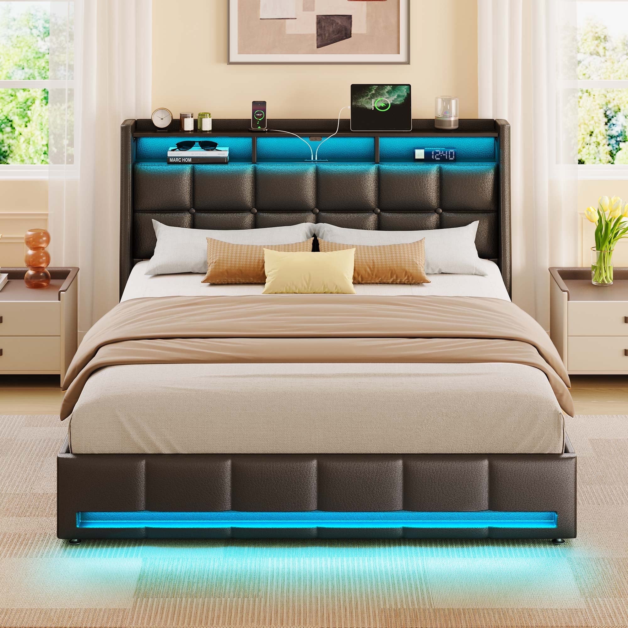 Greenstell Queen LED Storage Bed Frame - Charging Station, App Control, 1200LBS Capacity, Black