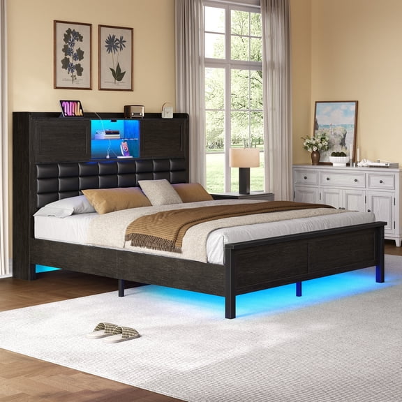 Greenstell Queen LED Storage Bed Frame - Charging Station, App Control, 900LBS Capacity, Black