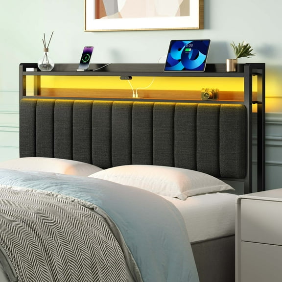 Greenstell Queen Size Adjustable Storage Headboard - Modern Black Upholstered Bed Frame with LED Lights, Charging Station & Soft Padding, Linen