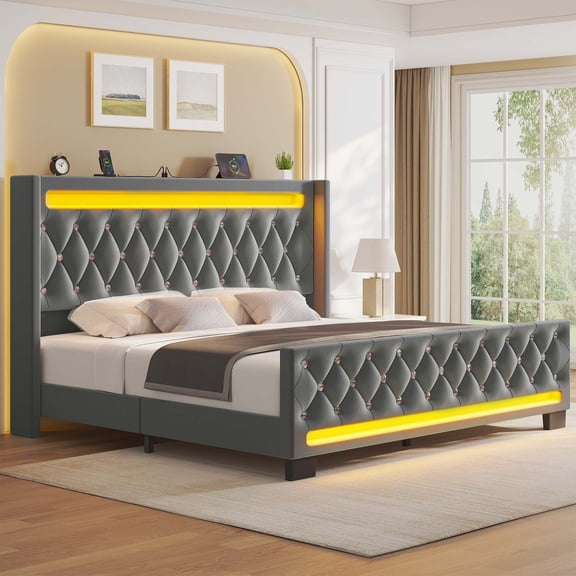 Greenstell Queen Size Bed Frame with LED Light and Charging Station, Velvet Upholstered Platform Bed Frame with Diamond Tufted Headboard and Wingback, Dark Gray